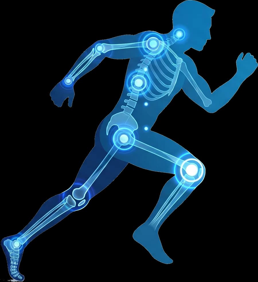 Illustration of a runner with skeleton visible and glowing joints marking the shoulder, elbow, wrist, spine, hip, knee, and ankle